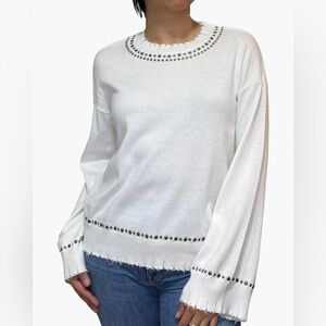 MINNIE ROSE (L) Frayed Bell Sleeve Studded Crew Sweater White Cotton Cashmere